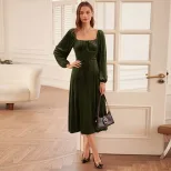 French Vintage A Line Velvet Dress Slim Fit Square Neck Long Sleeve Autumn Winter Fashion Wholes