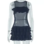 Womens Casual Solid Color Dress Sexy Round Neck Pleated Hem Flared Skirt Fashionable for Parties