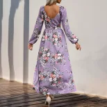Womens Long Sleeve V Neck Floral Dress Autumn Style European and American Fashion Wholesale Avai