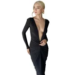 French Style Long Sleeve Deep V Neck Ruched Bodycon Dress Versatile Two Way Wear High Waist Eleg