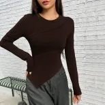 Womens Long Sleeve T Shirt Asymmetrical Neckline Slim Fit Solid Color Knitted Fabric Fall Winter