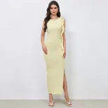 Elegant Side Slit Dress in Apricot Milk Silk Fabric Sleeveless Design Perfect for Summer Events