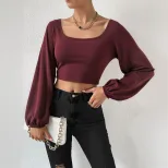 Wine Red Square Neck Short Knit Top for Women Long Sleeve Vintage Lantern Sleeves Slim Fit Sprin