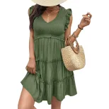Summer Womens Dress Solid Color Ruffle Hem Casual Vacation Style Available in Green Wholesale Sizes S to XL