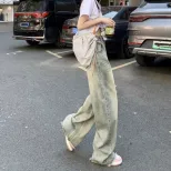 美式复古磨白做旧阔腿牛仔裤女春夏新款高腰显瘦宽松垂感拖地裤子