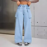 Wide Leg Denim Trousers Casual Style Large Pockets Comfortable Fit Womens Fashion for Everyday W
