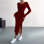 Chic Midi Bodycon Dress Slim Fit Side Slit Comfortable Fabric Spring Summer Casual Wear for Peti