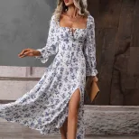 Floral Print Maxi Dress Square Neck High Waist Elegant Style Spring Summer Fashion Wholesale Ava