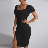 Sexy Ruched Bodycon Knit Dress Square Neck Short Sleeve Side Slit Spring Summer Fashion Wholesal