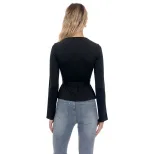 Womens Black V Neck Long Sleeve Knit Top Unique French Design Waist Tie Gold Ring Detail Casual