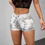 Casual Womens Denim Shorts Stretchy Printed High Waist Summer Fashion Ready to Ship private labe