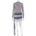 Gradient Color Block Bodycon Dress Breathable Fabric Long Sleeves Stand Collar Casual or Evening