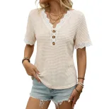 Casual Vacation Blouse Short Sleeve V Neck Lace Panel Design Relaxed Fit for Summer Wholesale Av