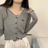 Slim Fit Gray Knitted Cardigan for Women Short Length Lightweight Design Casual Spring Autumn Wear
