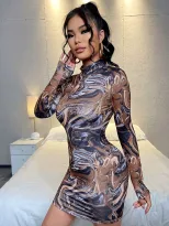Autumn Womens Bodycon Dress Sexy Mini Length Long Sleeve Stand Collar Perfect for Parties or Nig