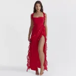 Fashionable Womens Dress Ruffled Trim Split Design Elegant Style Summer and Autumn Collection Wh