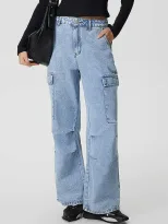 Womens Casual High Waisted Denim Trousers Slim Fit Large Pockets European and American Style Per