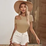 Knitted Slim Fit T Shirt Sexy Hollow Shoulder Design Trendy Casual Wear for Women Wholesale Avai