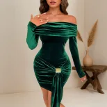 Off Shoulder Velvet Dress Slim Fit Ruched Design Bodycon Style Spring Summer Evening Wear Wholes