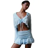 Womens Sheer Mesh Set Ruffled Hem Tie Front Cropped Top Fitted Mini Skirt Vacation Style Wholesa
