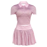 Striped Button Up T Shirt and Low Waist Ruffled Skirt Set for Women Summer Casual Wear Available in Pink and Apricot