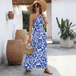 Vintage Floral Print Halter Backless Dress for Women Blue Summer Vacation Style custom packaging