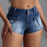 Fashionable Womens Denim Shorts High Waist Large Pockets Stretchy Fabric Casual Summer Wear Whol