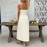 French Style Vacation Split Hem Dress Solid Color Adjustable Straps Comfortable Fit Perfect for