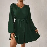 Casual Long Sleeve Ruffled Hem Dress Loose Fit Waist Defined Elegant Style Spring Summer Collect