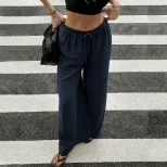 Womens Cotton Linen Wide Leg Pants Loose Fit Lightweight Pocketed Summer Beach Casual Trousers W