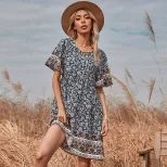 Geometric Floral Print Dress Round Neck Short Sleeve Summer Style Perfect for Casual Outings Who