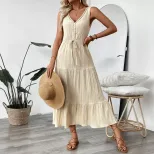 Sleeveless V Neck Summer Dress Minimalist Design Solid Color Adjustable Tie Casual Wear for Wome