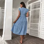 Blue Floral Print High Waist Midi Dress for Women Summer Style Available in Multiple Sizes Wholesale Supply
