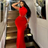 Fashionable Solid Color Maxi Dress for Women Sleeveless Round Neck Backless High Slit Ideal for