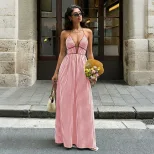 V Neck Striped Backless Dress Fresh Vacation Style Lightweight Fabric Summer Wear Wholesale Avai