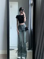 2023春秋美式复古微喇牛仔裤女高腰设计感小众百搭显瘦拖地长裤潮