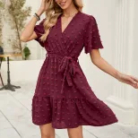 V Neck Ruffled Sleeve Dress Waist Tie Pom Detail Elegant Style Perfect for Parties and Events Re