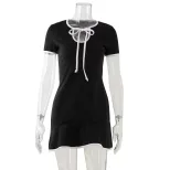Fashion Womens Dress Round Neck Short Sleeve Color Block Slim Fit Ruffled Hem Casual Summer Wear