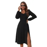 V Neck Long Sleeve Dress Elegant Fit Split Design Mid Length Perfect for Office Wear or Casual O