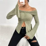Off Shoulder Knit Top Long Sleeve Bell Sleeve Split Design Fall Winter Fashion for Women Wholesa