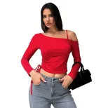 Asymmetrical Neck Crop T Shirt Sweet and Spicy Style Red Color Spring Summer Fashion Wholesale A