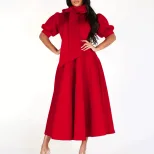 Elegant Puff Sleeve Solid Color Maxi Dress Waist Tie Flattering Fit Spring Summer Style Wholesal