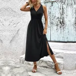 Sleeveless Color Block Dress Summer Casual Style Open Slit Design Lightweight Fabric Wholesale A