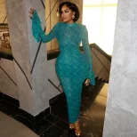 Retro Color Block Bodycon Dress for Women Long Sleeve Round Neck Semi Sheer Casual Chic Style Wh