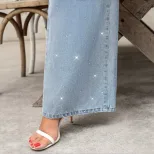 Womens Low Rise Straight Leg Rhinestone Embellished Wide Leg Jeans Casual Chic Style Wholesale A