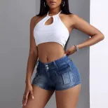 Fashionable Womens Denim Shorts High Waist Large Pockets Stretchy Fabric Casual Summer Wear Whol