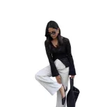 Lace Hollow Out T Shirt Pearl Button Split Hem Fitted Bell Sleeve Casual Wear for Women OEM Avai