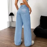 Embroidered Denim Jeans with Bow Detail Fashionable Trendy Design Womens Casual Wear Wholesale A
