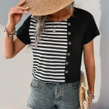 Summer Womens Striped Color Block T Shirt Short Sleeve Casual Style Lightweight Fabric Wholesale