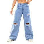 High Waisted Ripped Denim Straight Leg Pants Fashionable Distressed Water Washed Autumn Wear Who